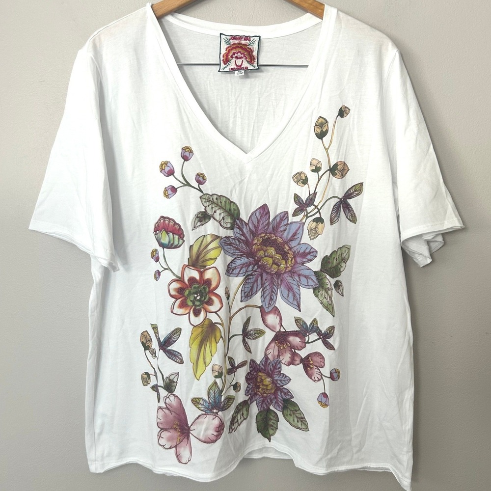 Johnny Was T-Shirt Women XXL White Floral Embroidered Cotton Boho Tee